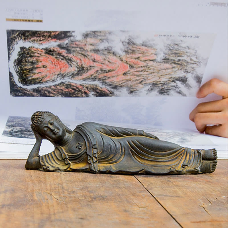 Reclining Buddha Statue Iron Powder Rust Cast 17.5cm Sculpture