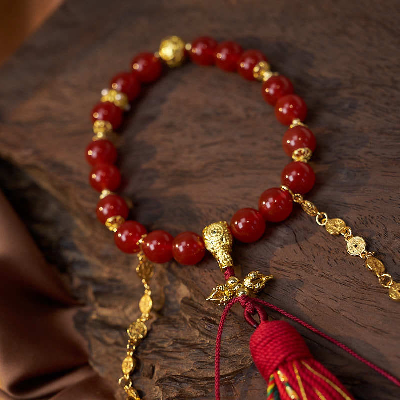 Red Agate 18-Beads Copper Coins Wrist Mala for Calm and Confidence