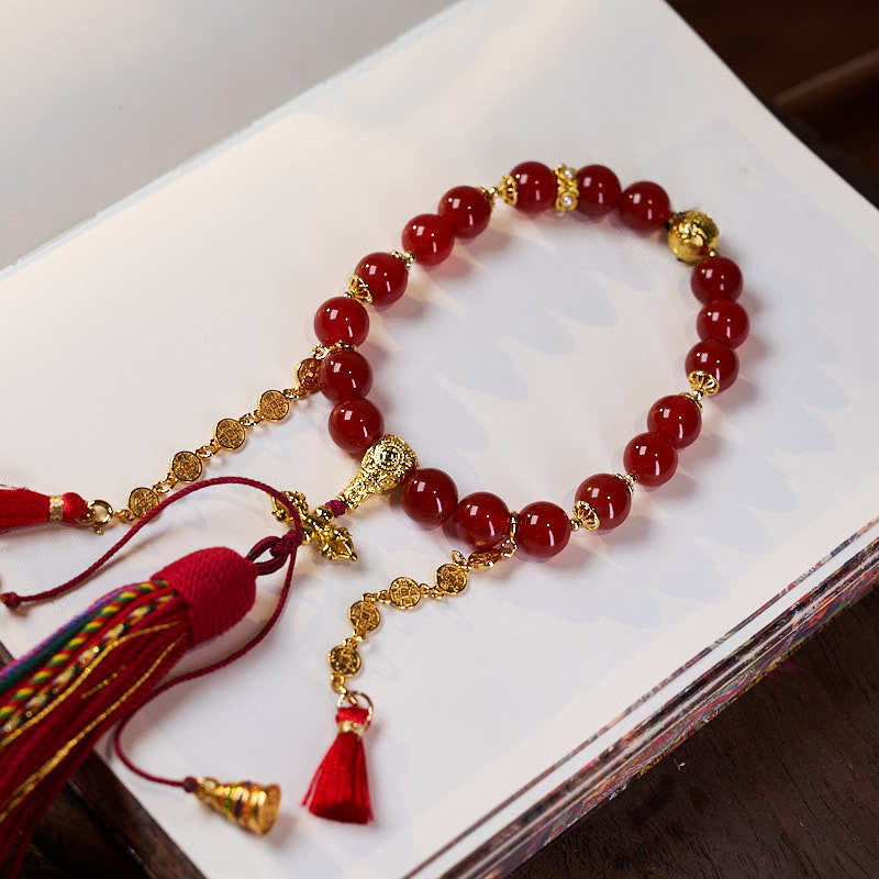 Red Agate 18-Beads Copper Coins Wrist Mala for Calm and Confidence
