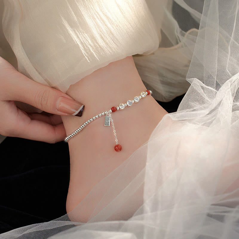 Red Agate 6mm & Silver Peace Anklet