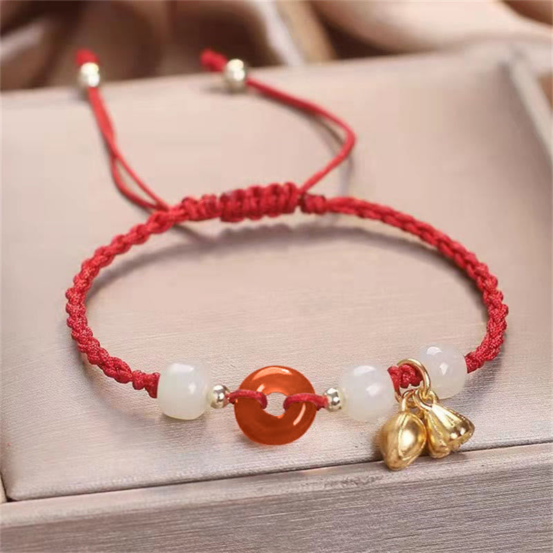 Red Agate and Jade Peace Buckle Braided Bracelet 14-18cm