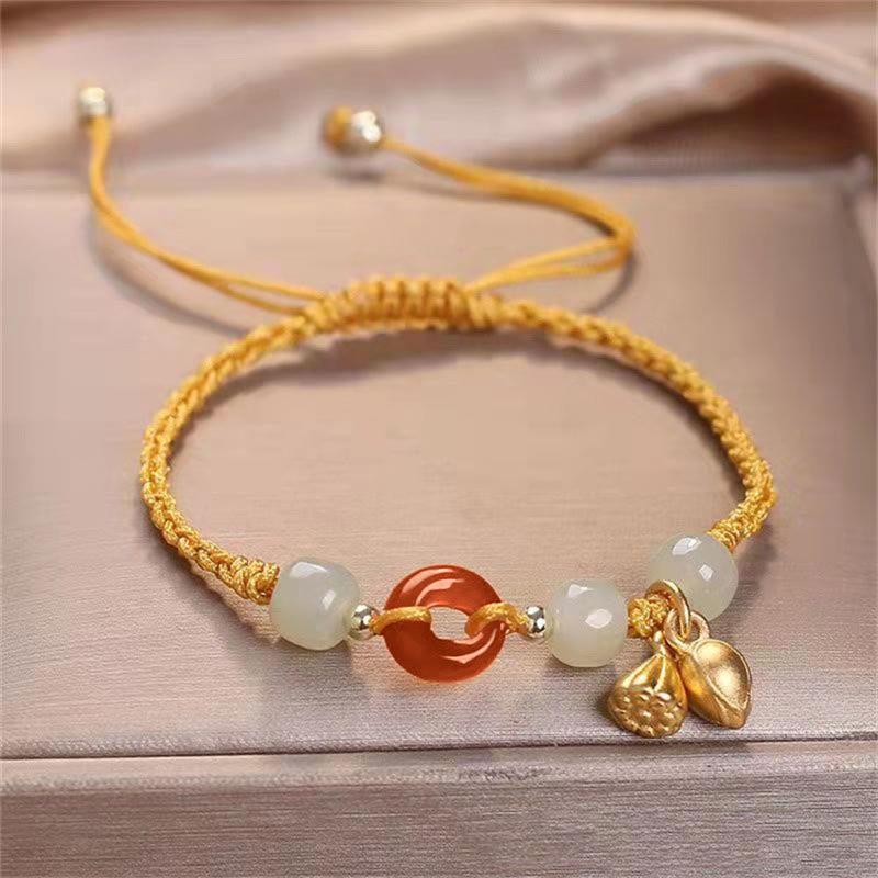 Red Agate and Jade Peace Buckle Braided Bracelet 14-18cm