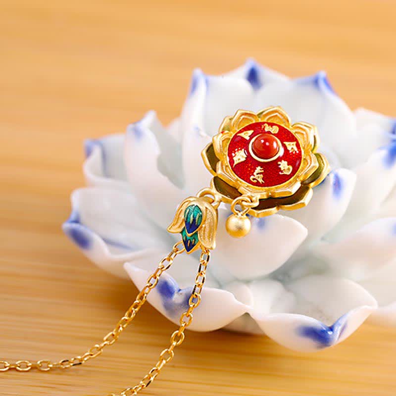 Red Agate Necklace | 925 Sterling Silver Lotus Pendant Enlightenment