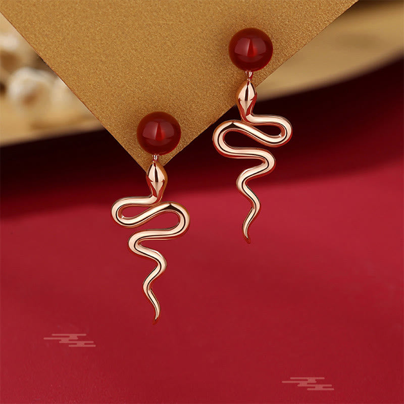 Red Agate and Sterling Silver Snake Earrings