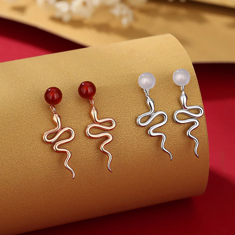 Red Agate and Sterling Silver Snake Earrings