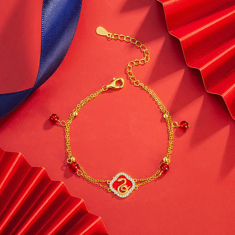 Red Agate Sterling Silver Snake Luck Bracelet
