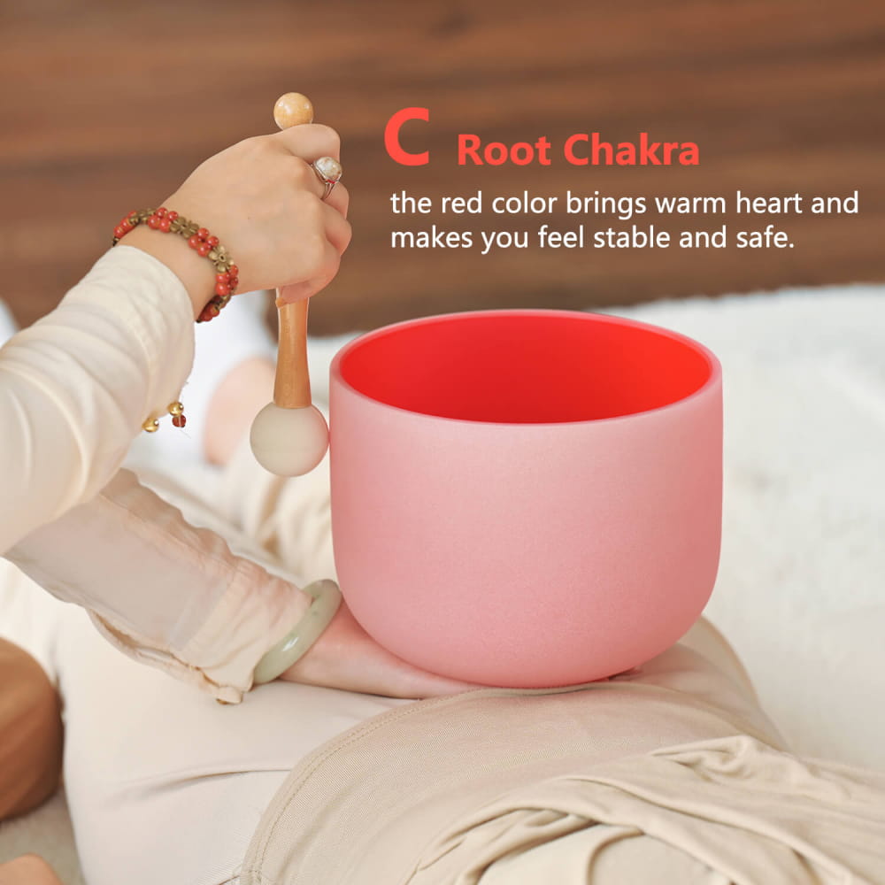 Red Crystal Singing Bowl with Wooden Mallet for Root Chakra Healing and Meditation