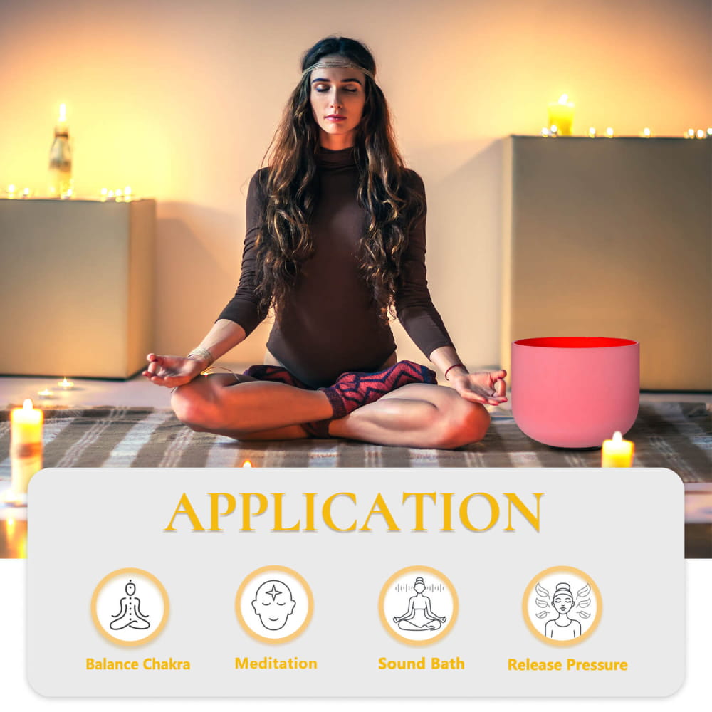 Meditation app interface with icons for relaxation activities and Red Color C Note Bowl