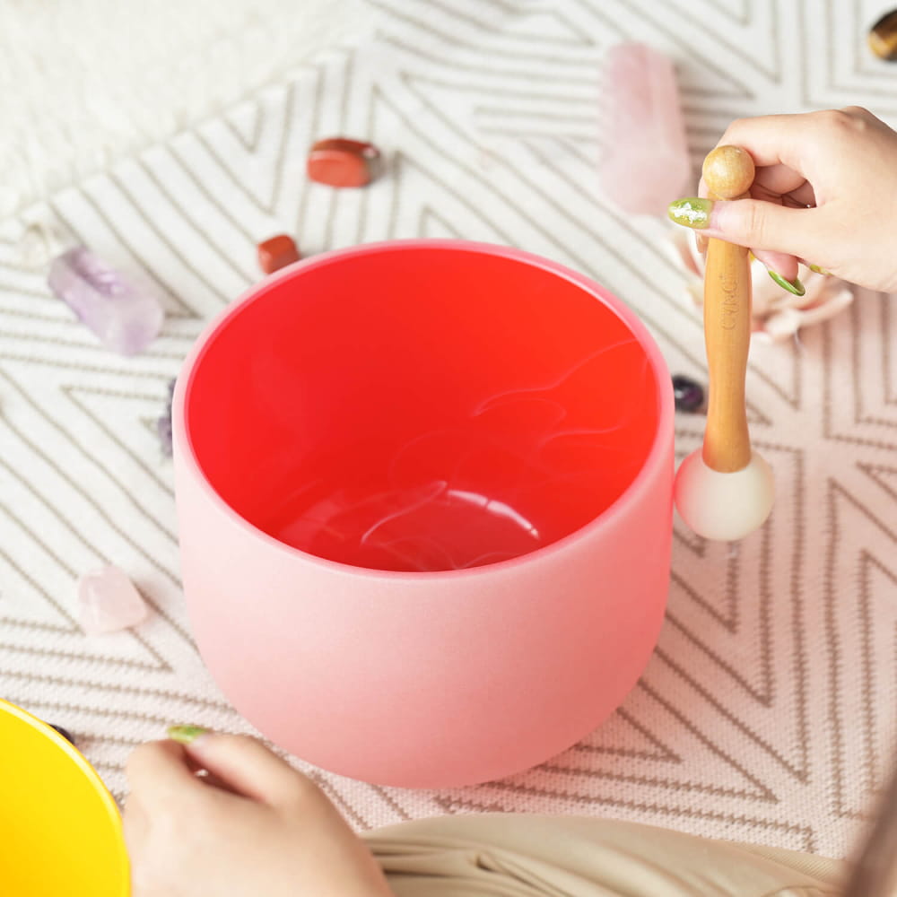 Pink ceramic bowl with rounded shape for Red Color C Note Root Chakra Crystal Singing Bowl