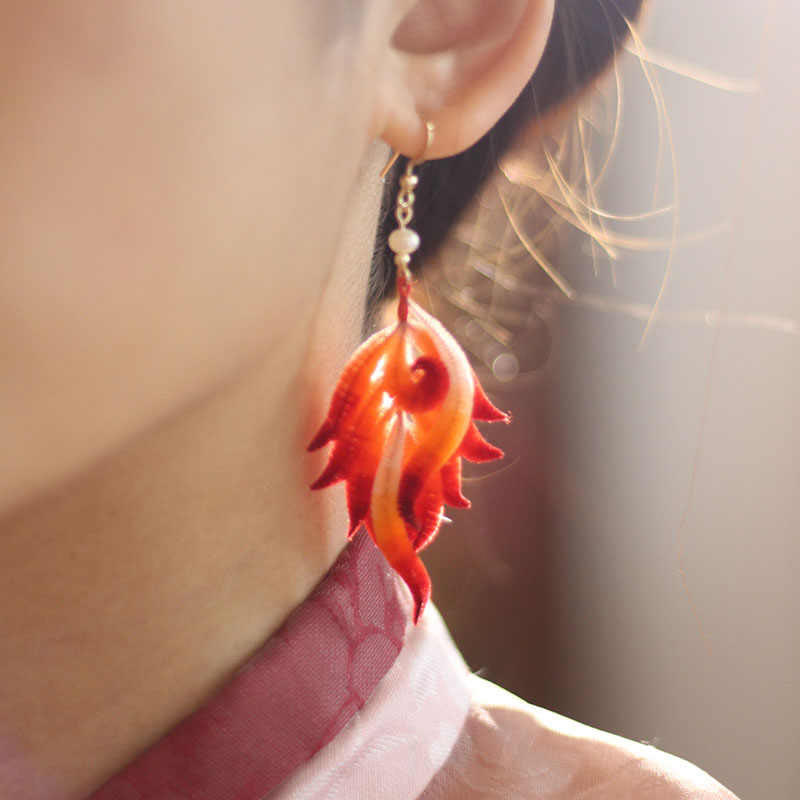 Red Feather Drop Earrings with 14K Gold & Silk