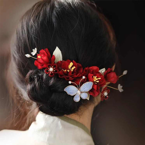 Chinese Wedding Hair Clip | Red Flower Butterfly | Healing  display picture 2