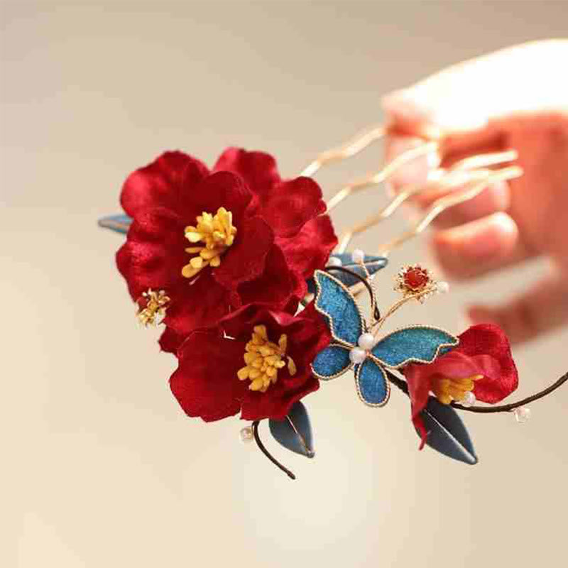 Red Flower Butterfly Hair Comb for Transformation & Love
