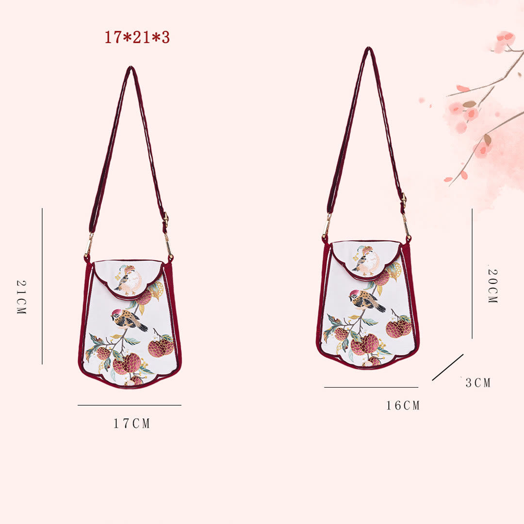 Red Magpie Lychee Embroidery Crossbody Bag with Tassel Accents