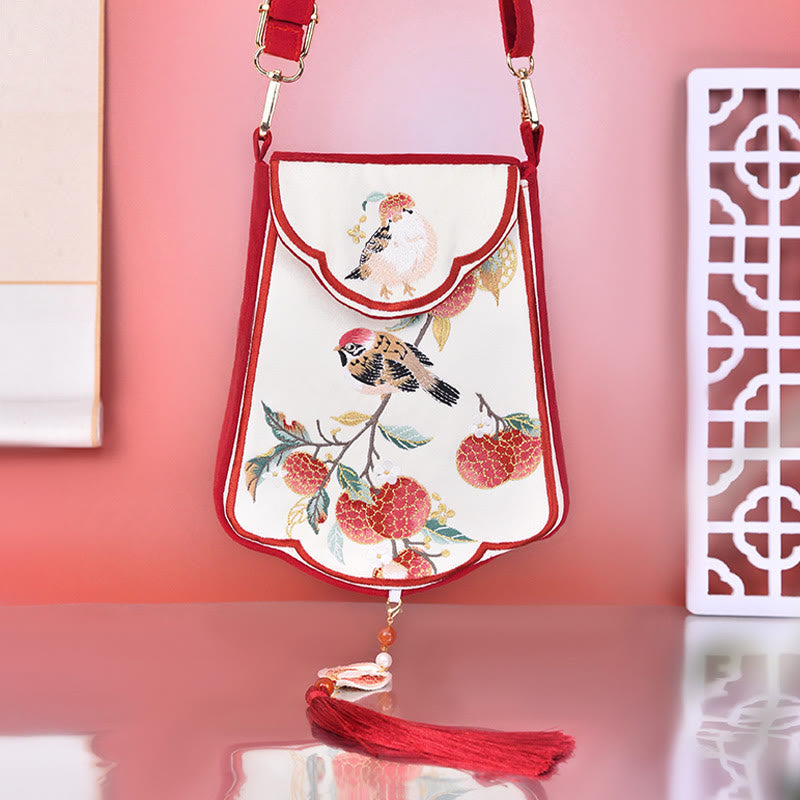 Red Magpie Lychee Embroidery Crossbody Bag with Tassel Accents
