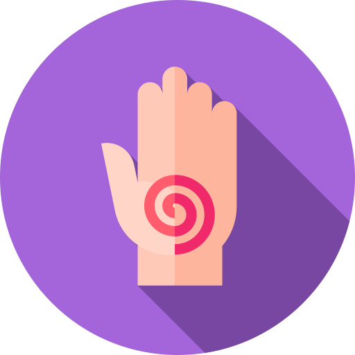 Hand with red spiral symbol in palm promoting Reiki Healing Subscription service