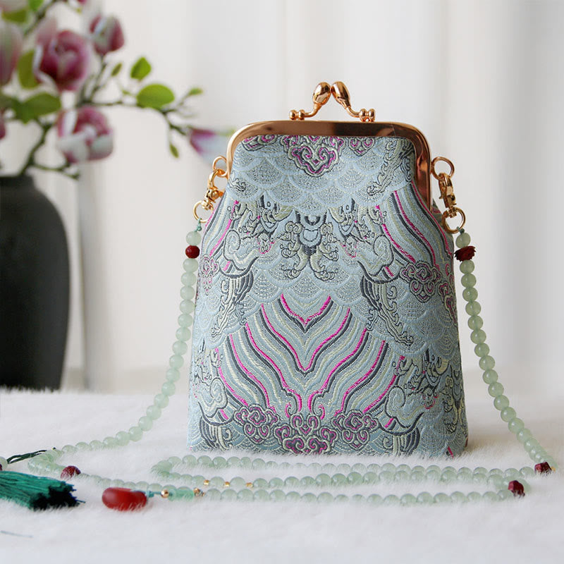 Retro Chinese Embroidery Pearl Chain Shoulder Bag 14x6x18cm