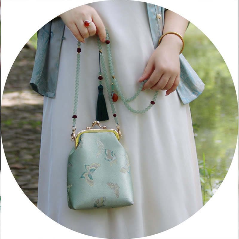 Retro Chinese Embroidery Pearl Chain Shoulder Bag 14x6x18cm