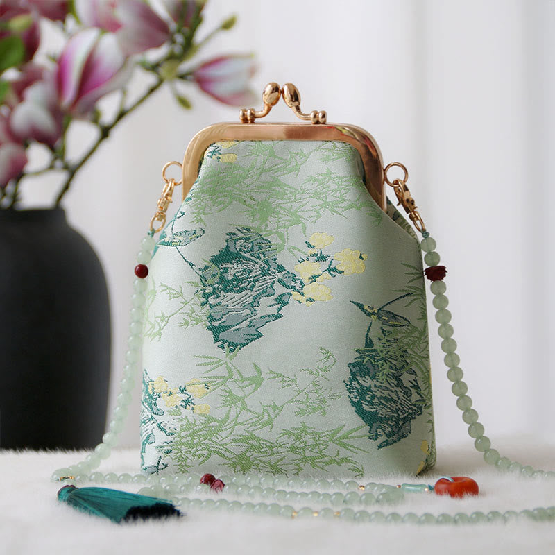 Retro Chinese Embroidery Pearl Chain Shoulder Bag 14x6x18cm