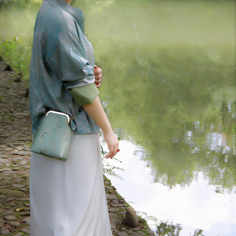 Retro Chinese Embroidery Pearl Chain Shoulder Bag 14x6x18cm