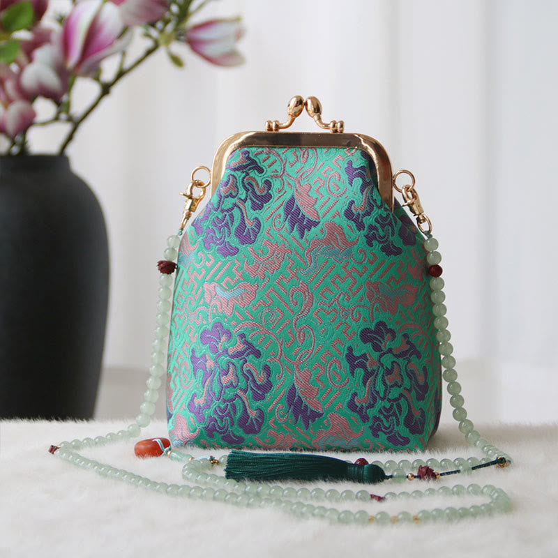 Retro Chinese Embroidery Pearl Chain Shoulder Bag 14x6x18cm