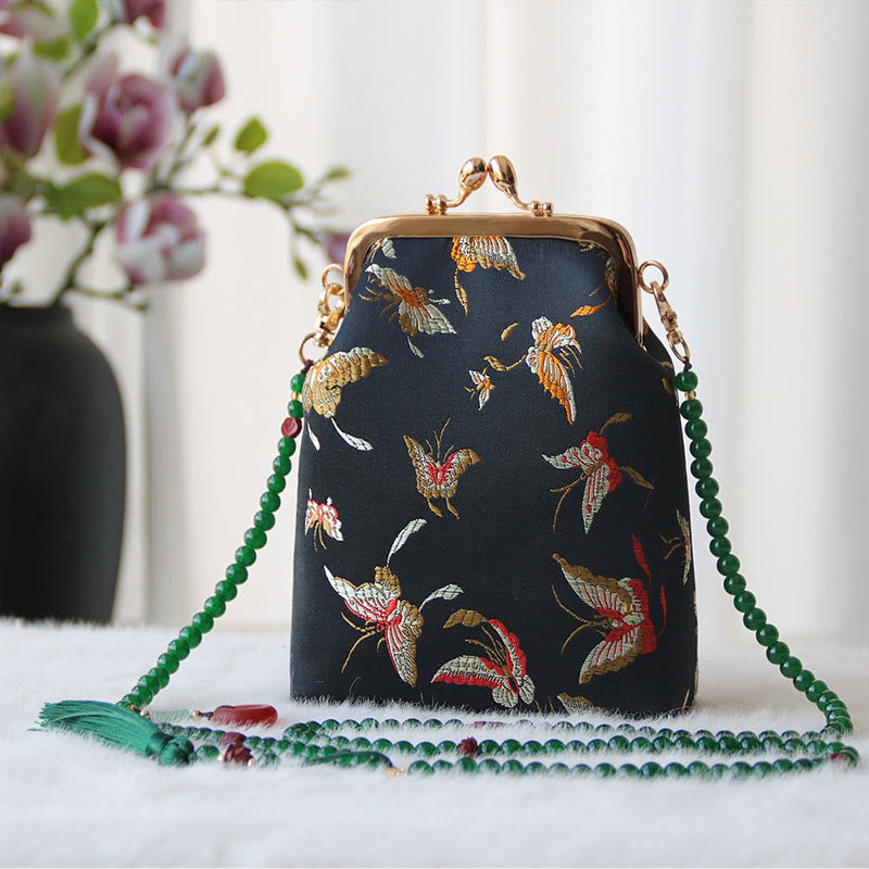 Retro Chinese Embroidery Pearl Chain Shoulder Bag 14x6x18cm