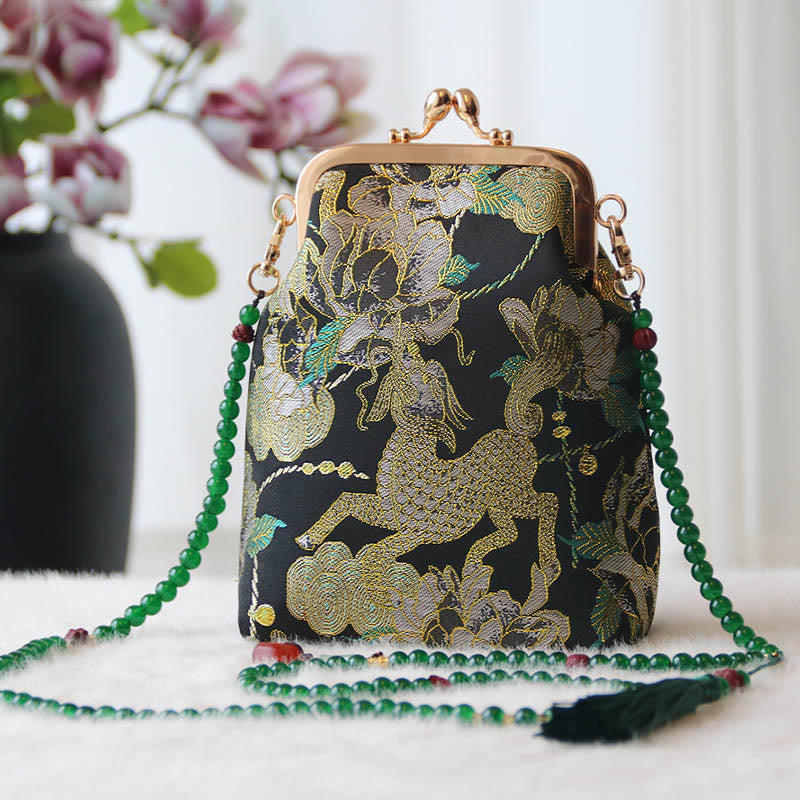 Retro Chinese Embroidery Pearl Chain Shoulder Bag 14x6x18cm