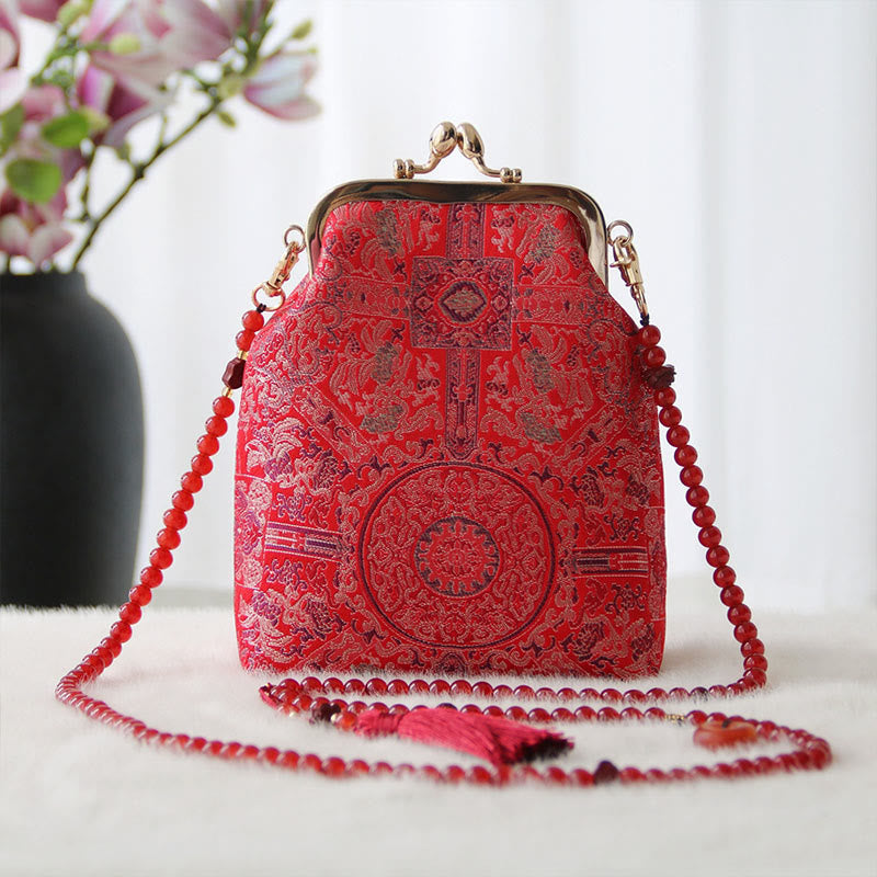 Retro Chinese Embroidery Pearl Chain Shoulder Bag 14x6x18cm