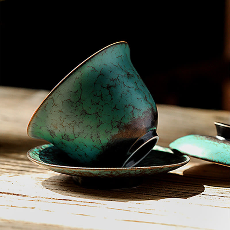 Retro Green Glaze Ceramic Gaiwan Tea Cup 180ml Set