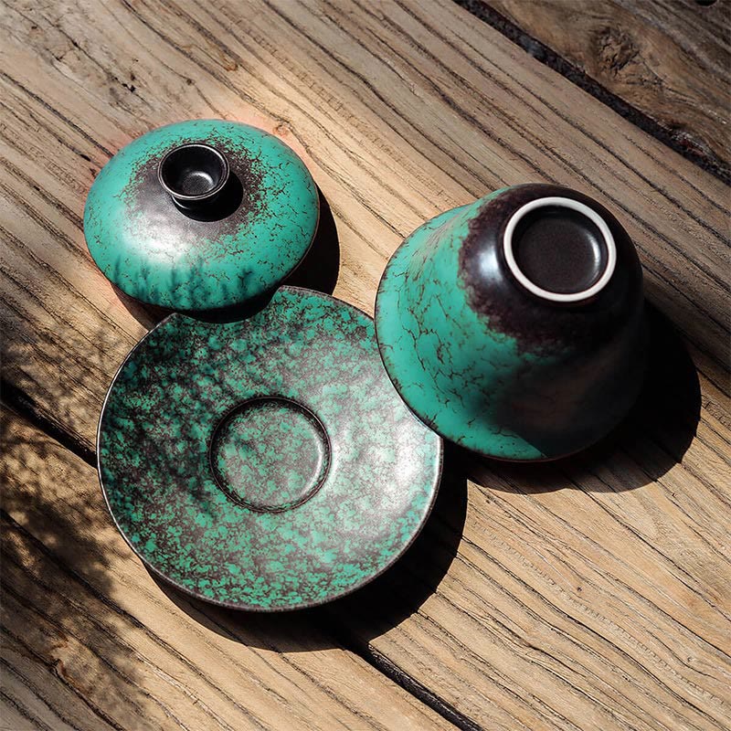 Retro Green Glaze Ceramic Gaiwan Tea Cup 180ml Set