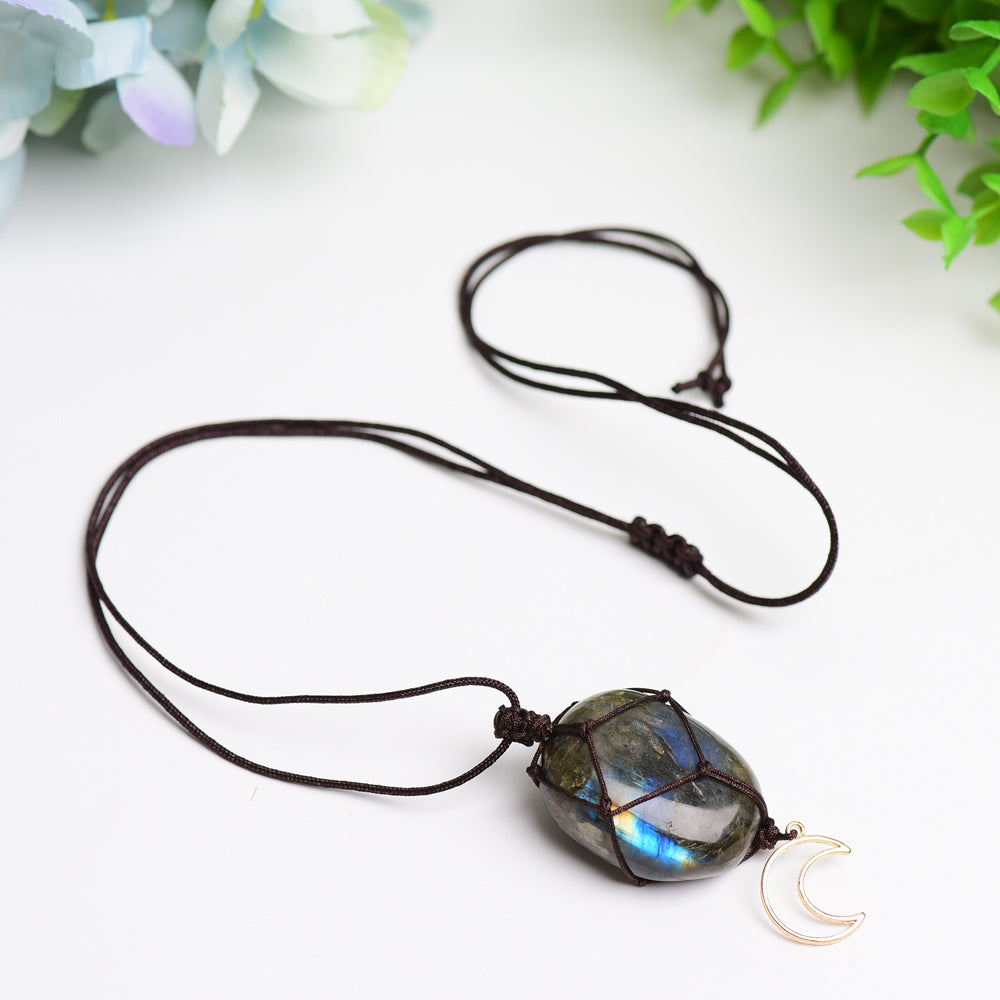 Rope Wrapped Labradorite Stone Necklace with Moon Charm