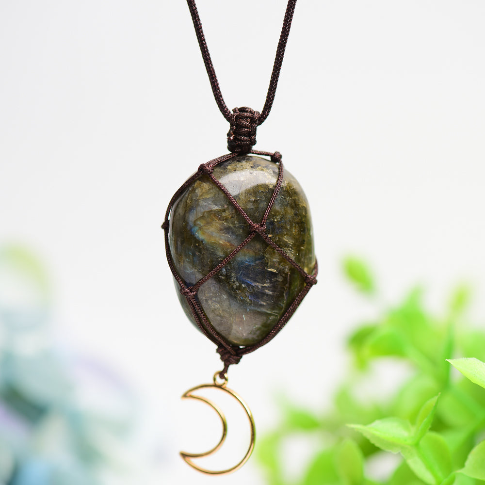 Rope Wrapped Labradorite Stone Necklace with Moon Charm
