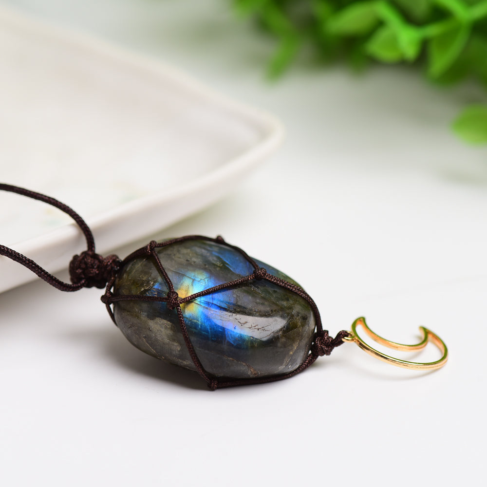 Rope Wrapped Labradorite Stone Necklace with Moon Charm