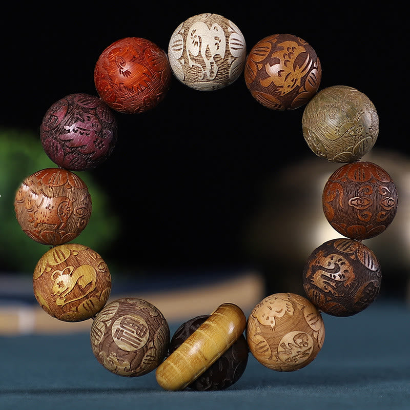 Rosewood Chinese Zodiac Bracelet with Carved Copper Coin for Calm