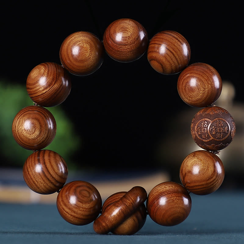 Rosewood Chinese Zodiac Bracelet with Carved Copper Coin for Calm