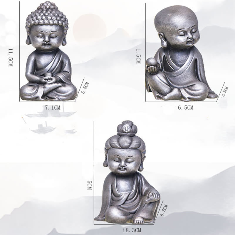 Rust Cast Iron Powder 3Pcs Buddha Statue Set for Home Meditation