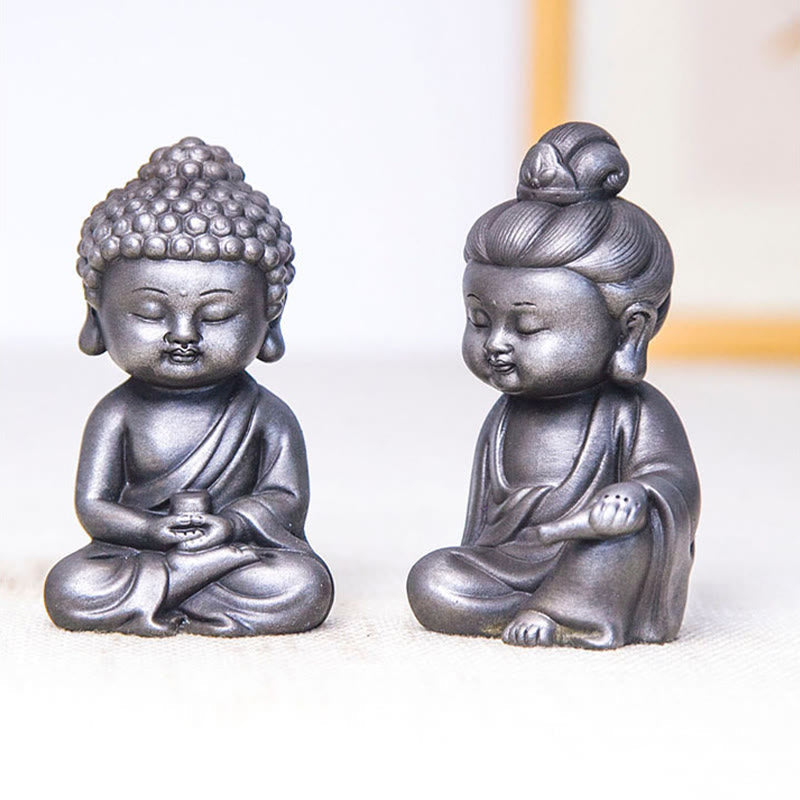 Rust Cast Iron Powder 3Pcs Buddha Statue Set for Home Meditation