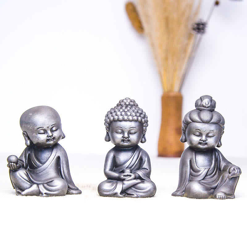 Rust Cast Iron Powder 3Pcs Buddha Statue Set for Home Meditation