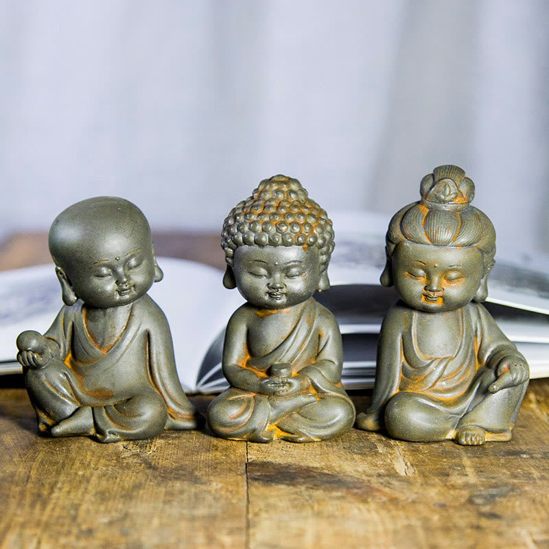 Rust Cast Iron Powder 3Pcs Buddha Statue Set for Home Meditation