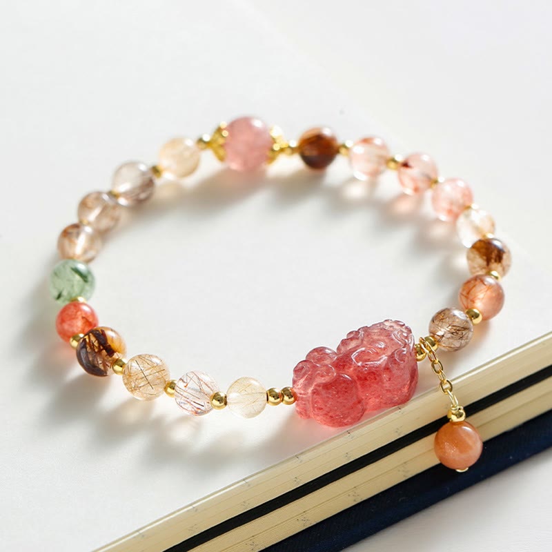 Rutilated Quartz Strawberry Quartz Pixiu Wealth Bracelet