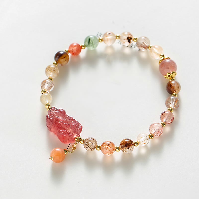 Rutilated Quartz Strawberry Quartz Pixiu Wealth Bracelet