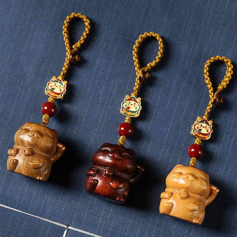 Sandalwood Spiritual Protection Key Chain with Lucky Cat Charm