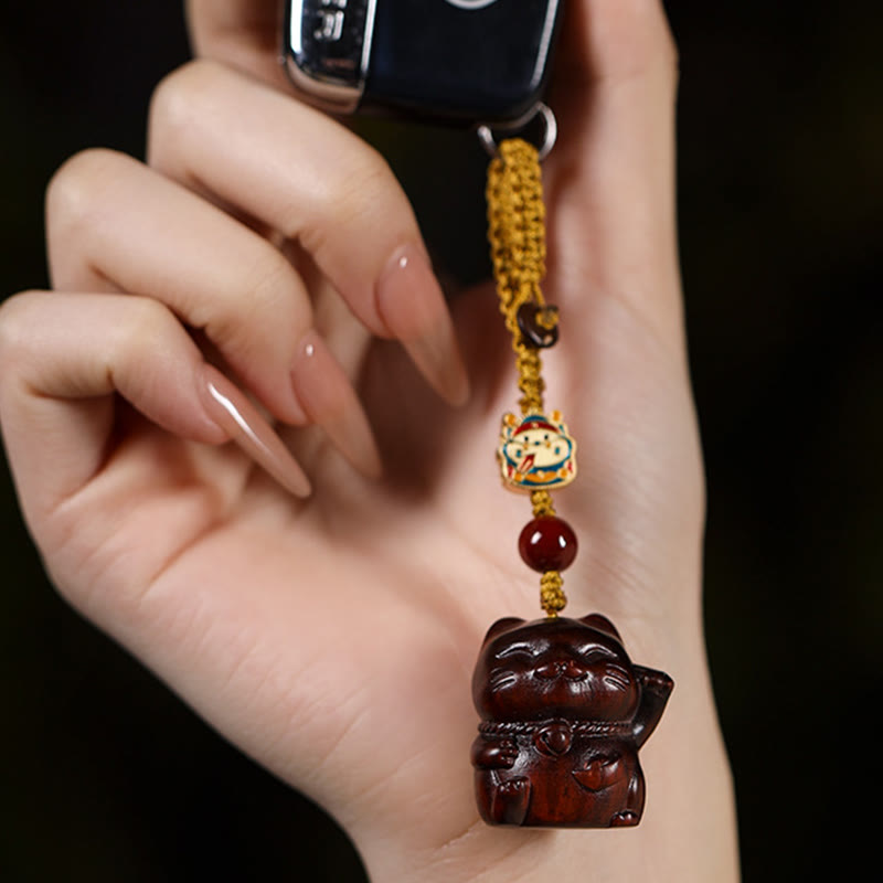 Sandalwood Spiritual Protection Key Chain with Lucky Cat Charm