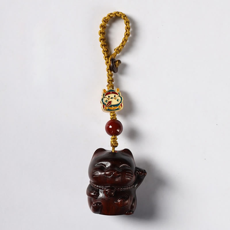 Sandalwood Spiritual Protection Key Chain with Lucky Cat Charm