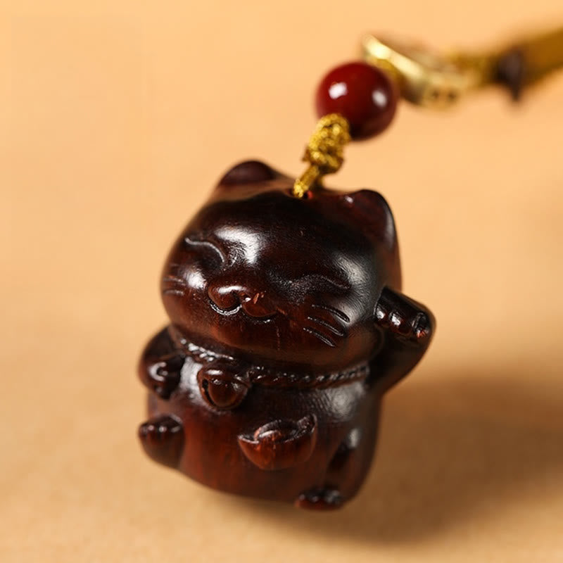 Sandalwood Spiritual Protection Key Chain with Lucky Cat Charm