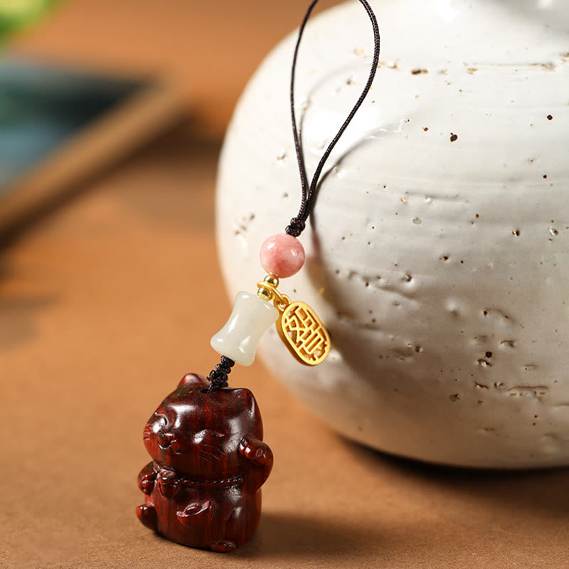 Sandalwood Spiritual Protection Key Chain with Lucky Cat Charm