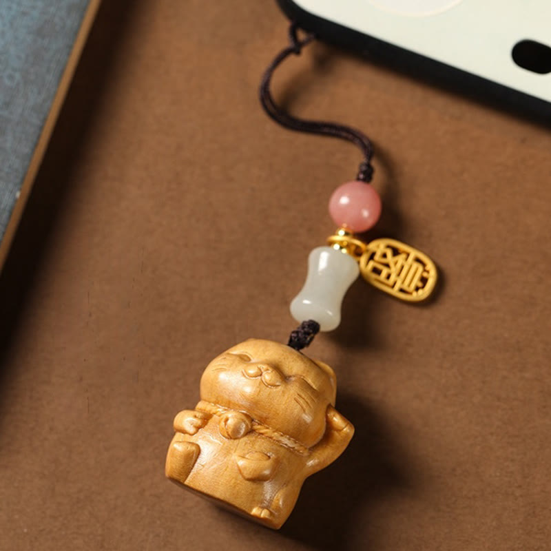 Sandalwood Spiritual Protection Key Chain with Lucky Cat Charm