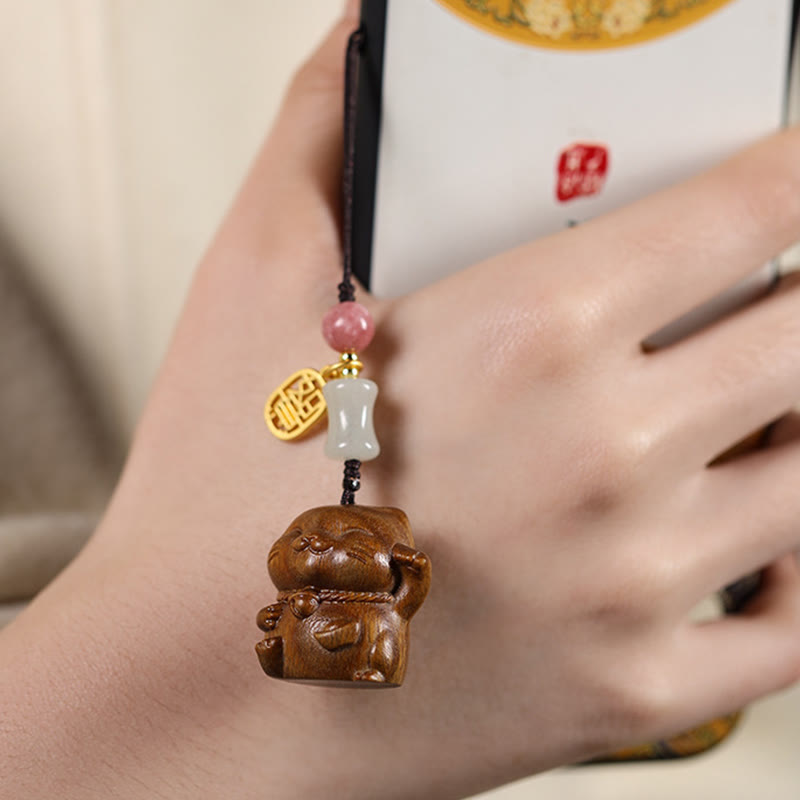 Sandalwood Spiritual Protection Key Chain with Lucky Cat Charm