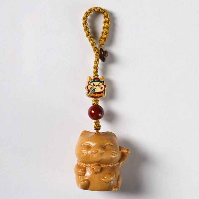 Sandalwood Spiritual Protection Key Chain with Lucky Cat Charm