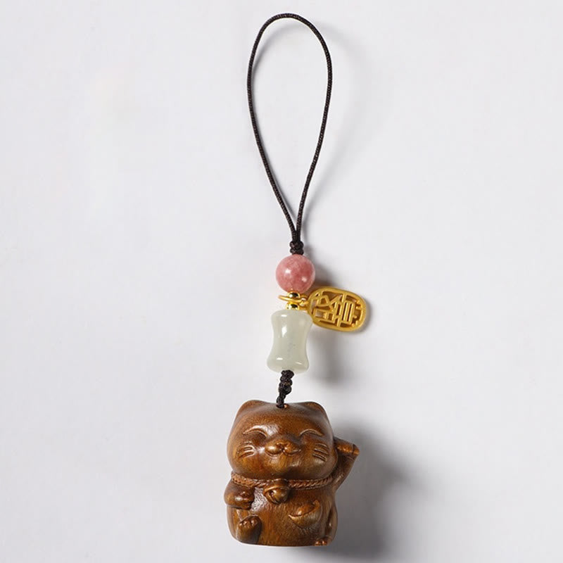 Sandalwood Spiritual Protection Key Chain with Lucky Cat Charm