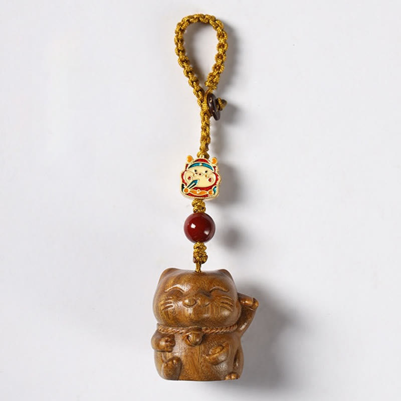 Sandalwood Spiritual Protection Key Chain with Lucky Cat Charm